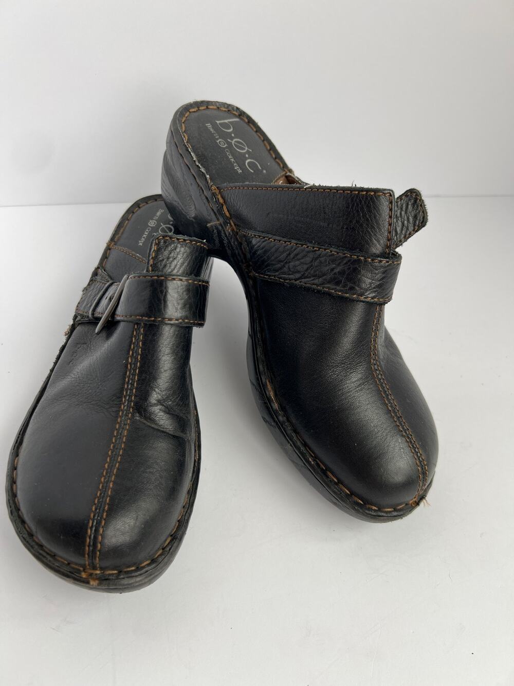 B.O.C Born Concept Black Leather Clog Mules Comfort Block Heel Size 9